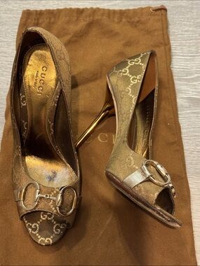 Gucci Metallic Brown Monogram Horsebit Heels